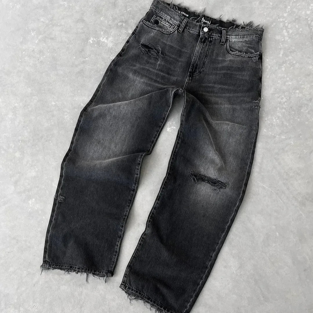 Distressed Wide-Leg Denim Jeans