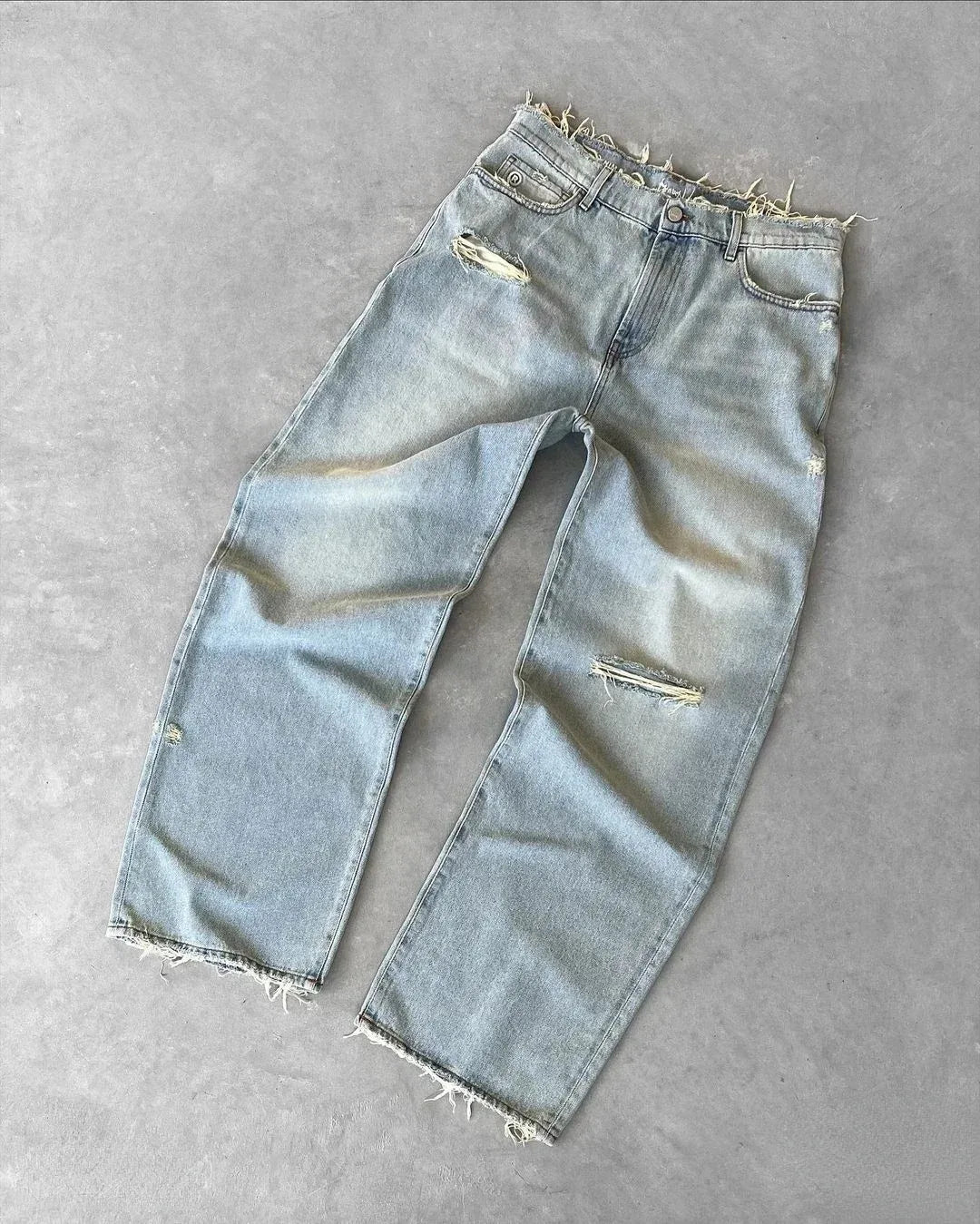 Distressed Wide-Leg Denim Jeans
