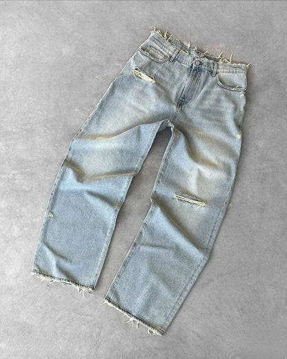 Distressed Wide-Leg Denim Jeans