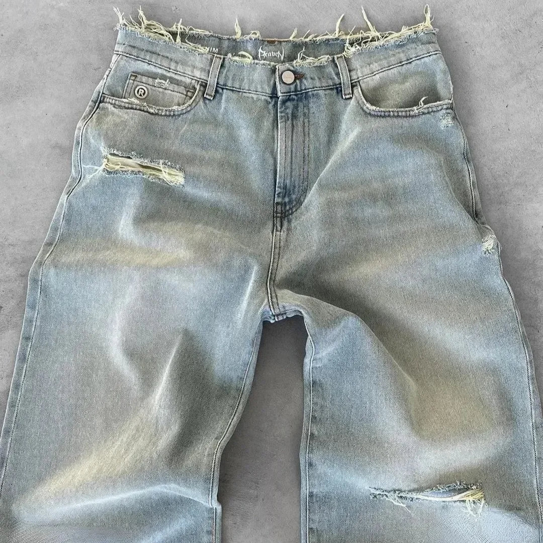 Distressed Wide-Leg Denim Jeans