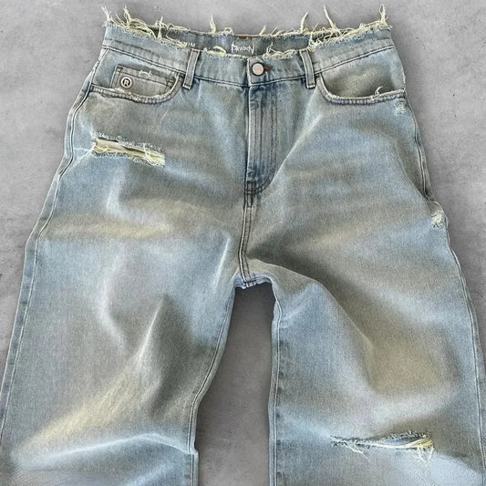 Distressed Wide-Leg Denim Jeans