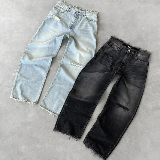 Distressed Wide-Leg Denim Jeans