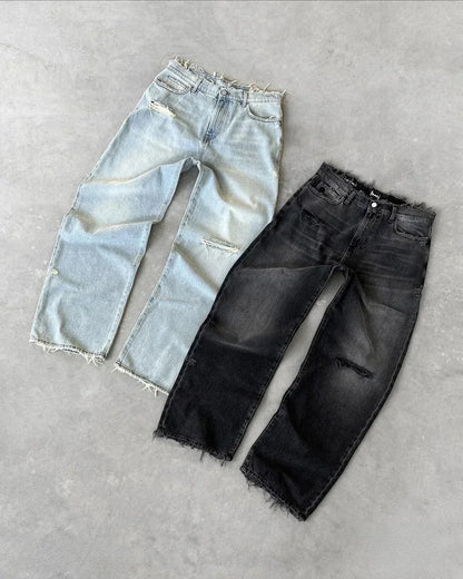 Distressed Wide-Leg Denim Jeans