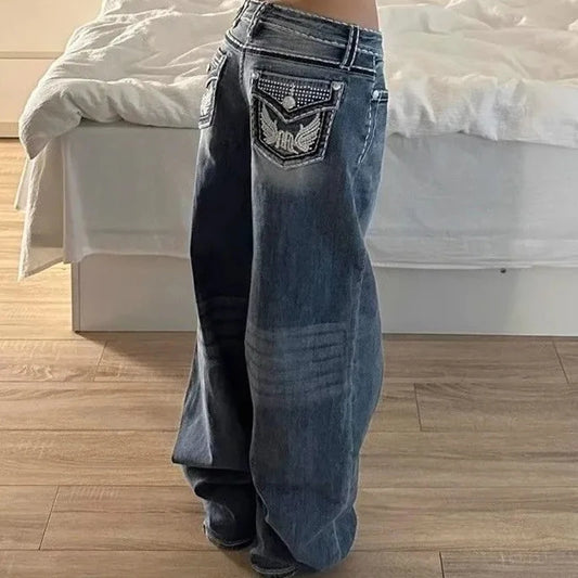 Retro Wing Pocket Baggy Jeans – Women's Wide Leg Denim