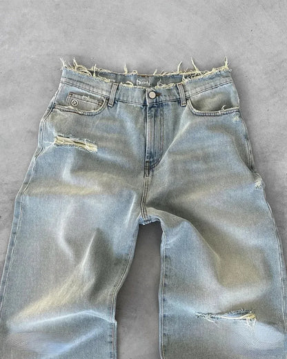 Distressed Wide-Leg Denim Jeans