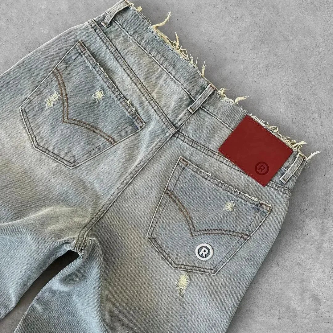Distressed Wide-Leg Denim Jeans