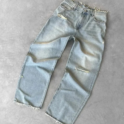 Distressed Wide-Leg Denim Jeans