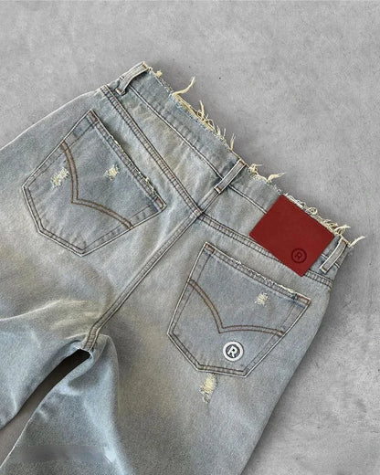 Distressed Wide-Leg Denim Jeans